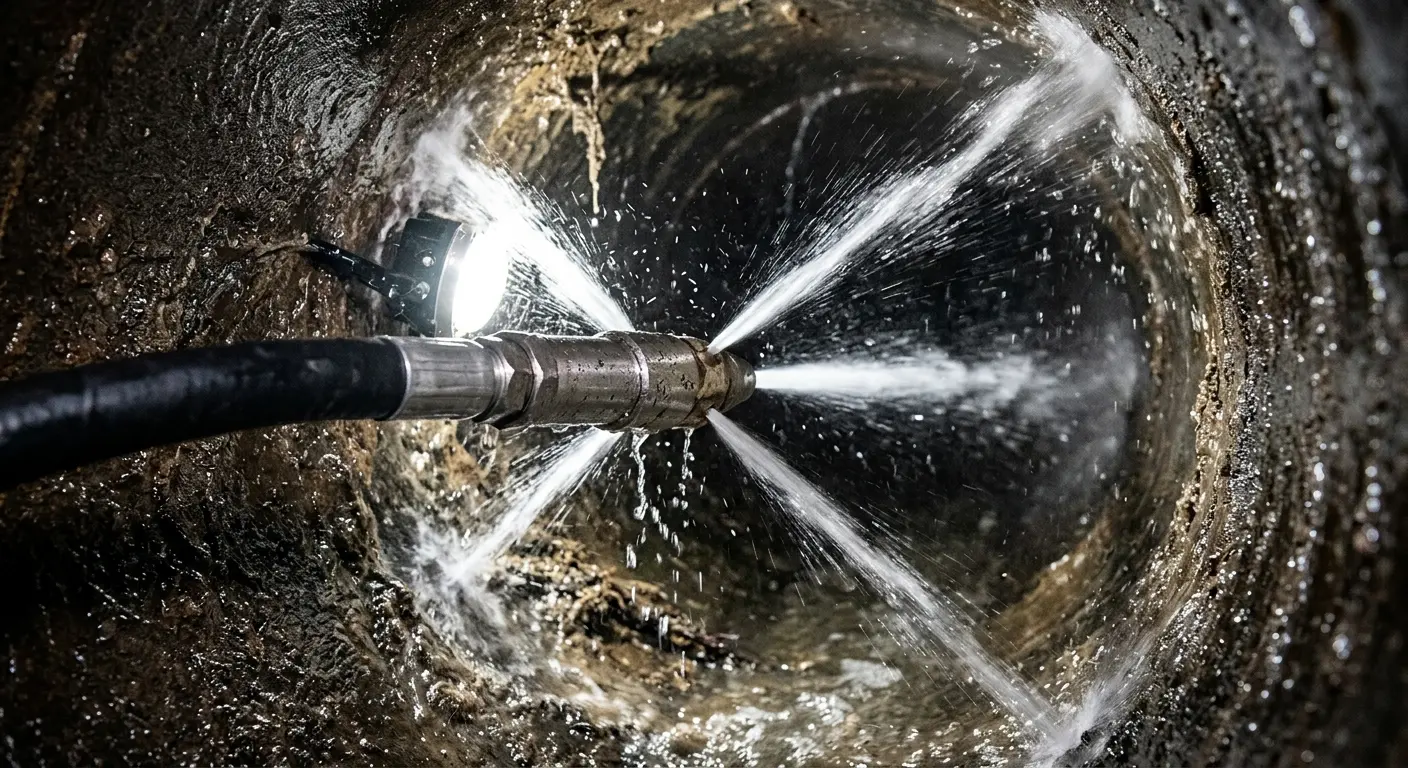 High-pressure hydro jetting nozzle cleaning sewer pipe for Sewer Line Relining in Belmont