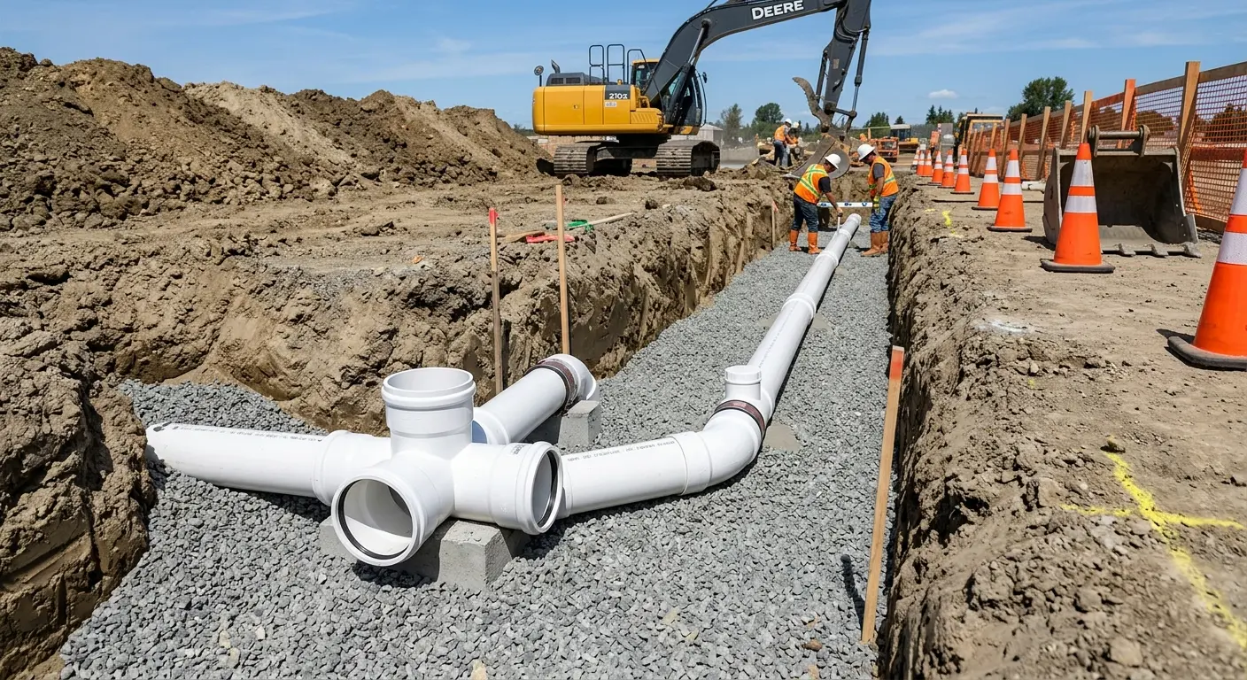 New PVC sewer pipe installation in open trench for Commercial Drain Cleaning in Belmont