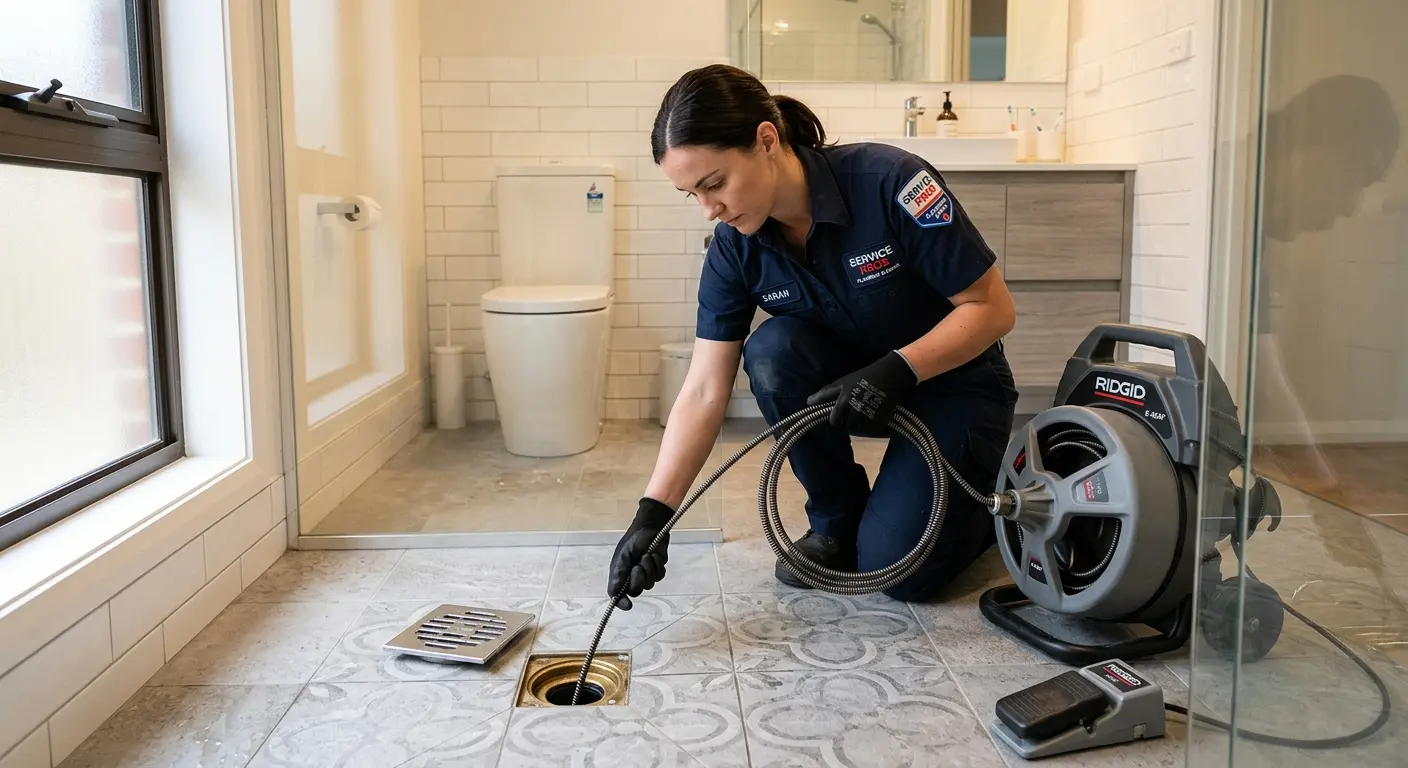 Technician clearing a bathroom floor drain for Hydro Jetting in Belmont